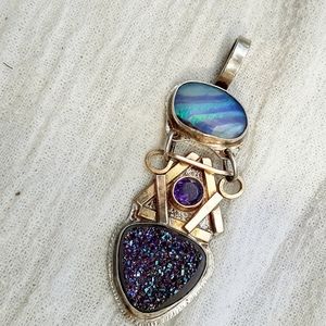 Opal Amethyst & Druzy silver & gold pendant